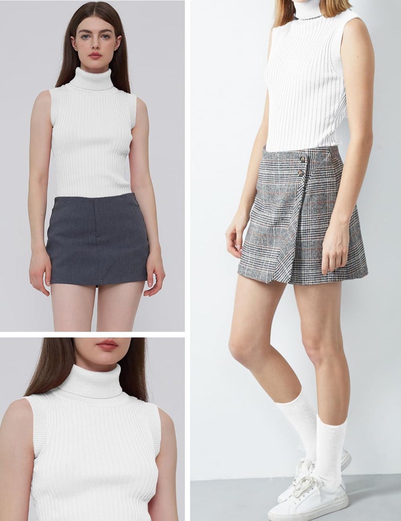 v28 Women Sleeveless High Neck Turtleneck Stretchable Knit Sweater Top (M, White) - Image 4